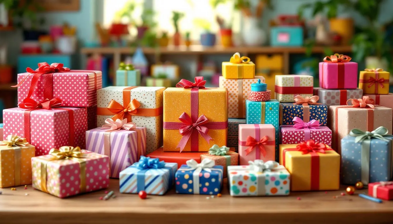 A variety of colorful gift boxes displayed together, showcasing different designs and sizes.