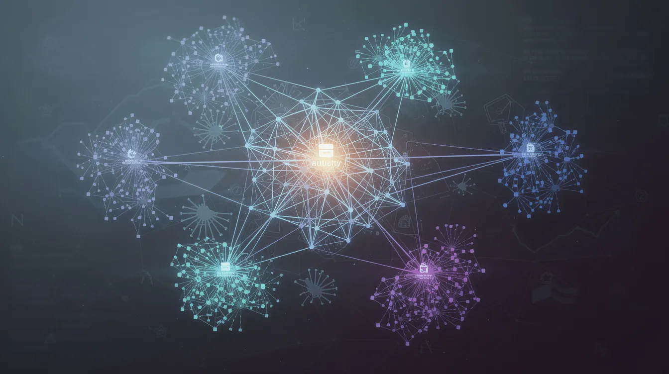 The image depicts an abstract visualization of interconnected nodes, symbolizing website authority and backlinks, which are essential for SEO and organic traffic. Each node represents different aspects of keyword research, such as keyword difficulty and search volume, illustrating how these elements influence ranking pages in search engines.
