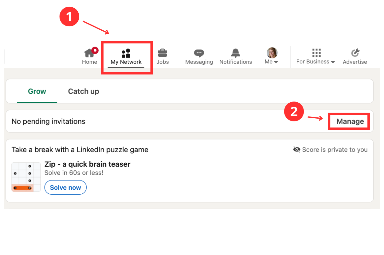 LinkedIn My Network page showing Manage option