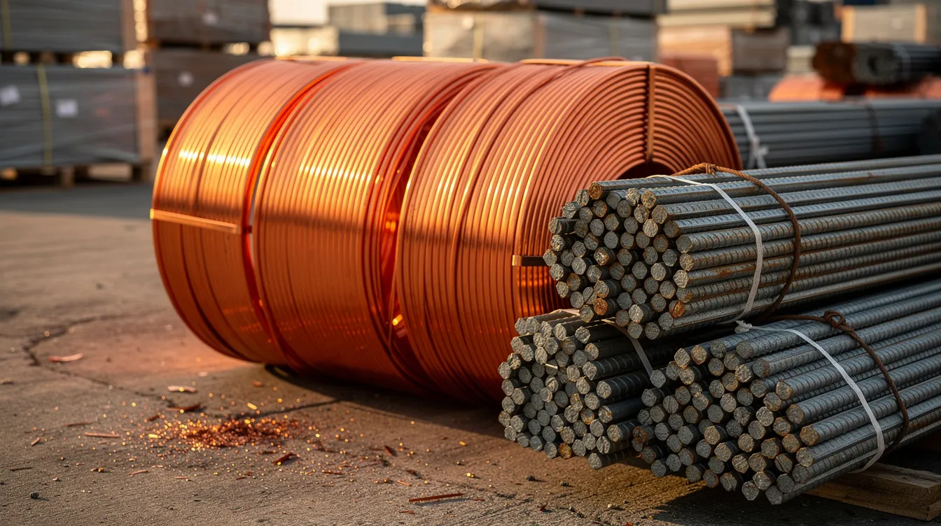 The image features a close-up view of stacked copper wire spools alongside bundles of steel rebar, prominently displayed in a construction materials storage yard. This scene highlights essential raw materials used in construction projects, reflecting the industry's focus on cost-effective solutions and efficient operations.