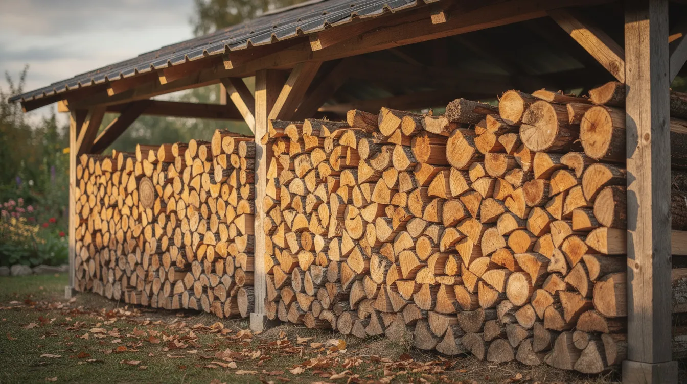 The image shows neatly stacked seasoned firewood logs drying outdoors under a simple wooden shelter, emphasizing the importance of fire safety in preparing for a cozy fireplace experience. Ensuring proper storage and maintenance of firewood is a vital part of a home fire safety checklist to prevent any risks associated with fire.