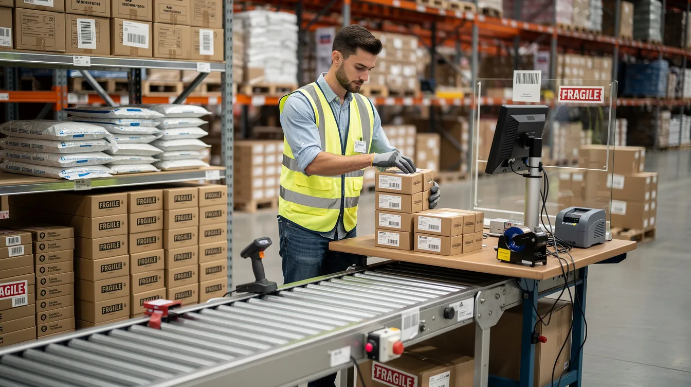 A warehouse worker is seen preparing small ecommerce packages for shipment, ensuring efficient order fulfillment for an online store. This process is crucial for dropshipping businesses, as it supports customer satisfaction and reliable shipping from multiple dropshipping suppliers.