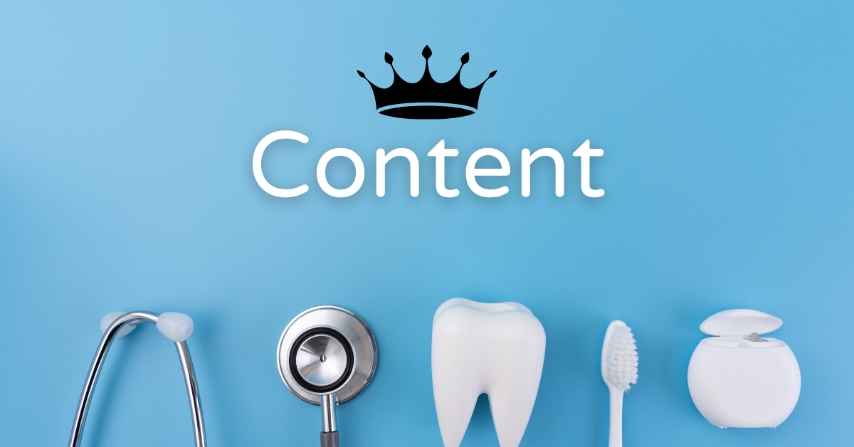 A group of dental tools and 3D models related to the fact that dental content is king.
