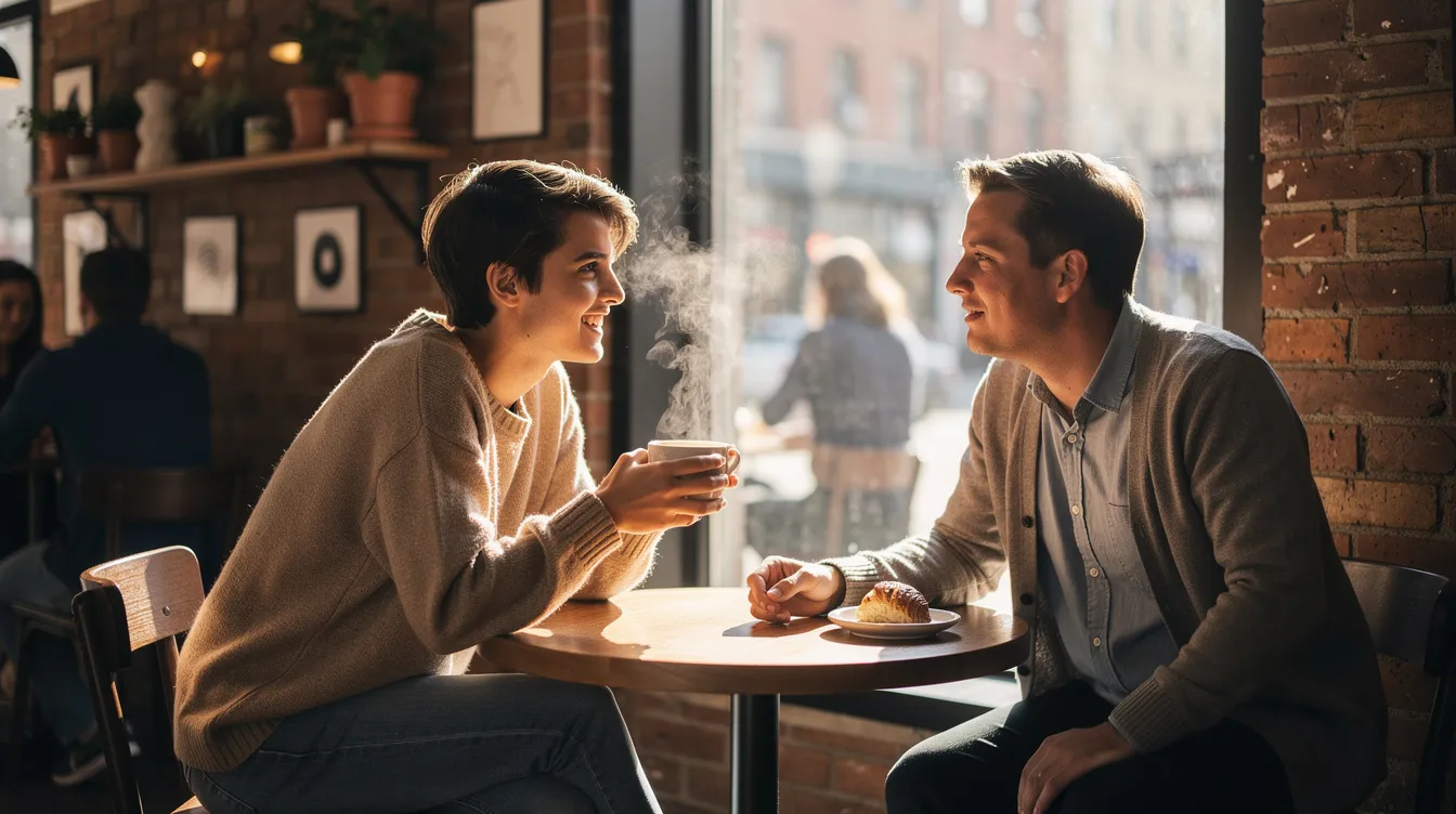 The image shows two people enjoying coffee at a cozy cafe, featuring exposed brick walls and warm, natural light. This inviting scene captures the essence of casual conversations and connections, perfect for a date or meeting friends in Los Angeles.