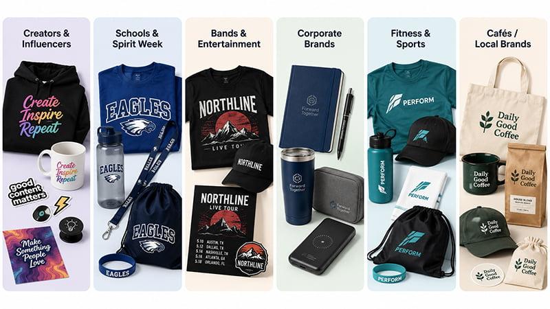 Merch ideas grouped by audience type, including creators, schools, entertainment, corporate brands, fitness, and cafes.
