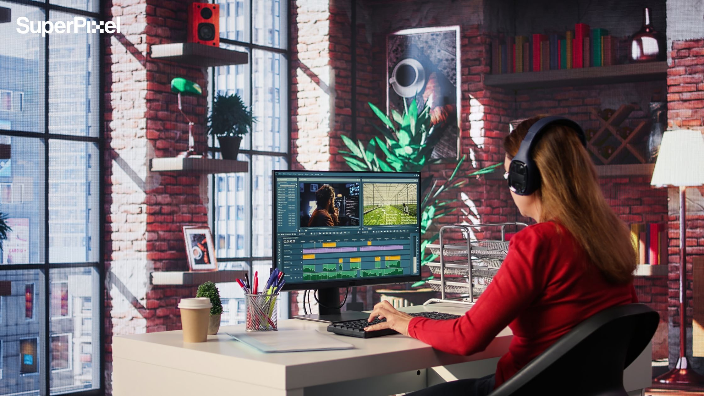 Focused editor woman works on video montage (DOK.DC Studio)