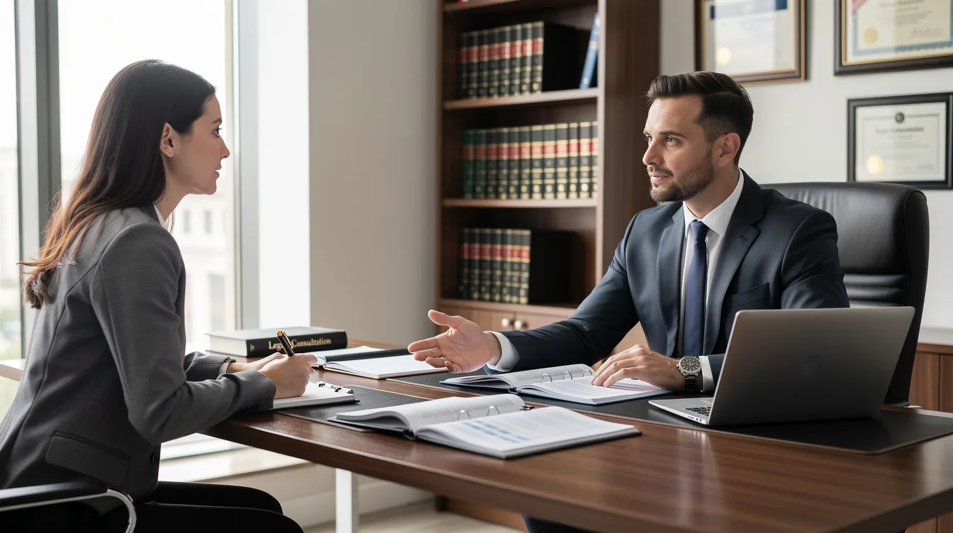 The image depicts a professional consultation between an attorney and a client in an office setting, where they discuss options for social security disability benefits, including the requirements set by the social security administration. The attorney is providing guidance on navigating the complexities of disability claims and the importance of medical evidence in establishing eligibility.