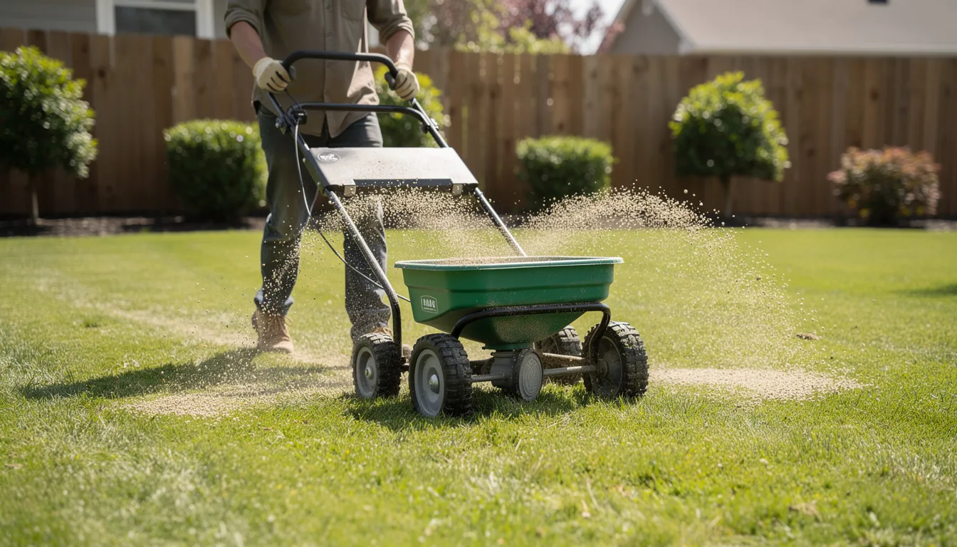 A person is using a lawn spreader to evenly apply granular fertiliser to their grass, promoting greener grass and root growth. This lawn care activity is essential for maintaining a healthy lawn, especially during the actively growing season in early spring.