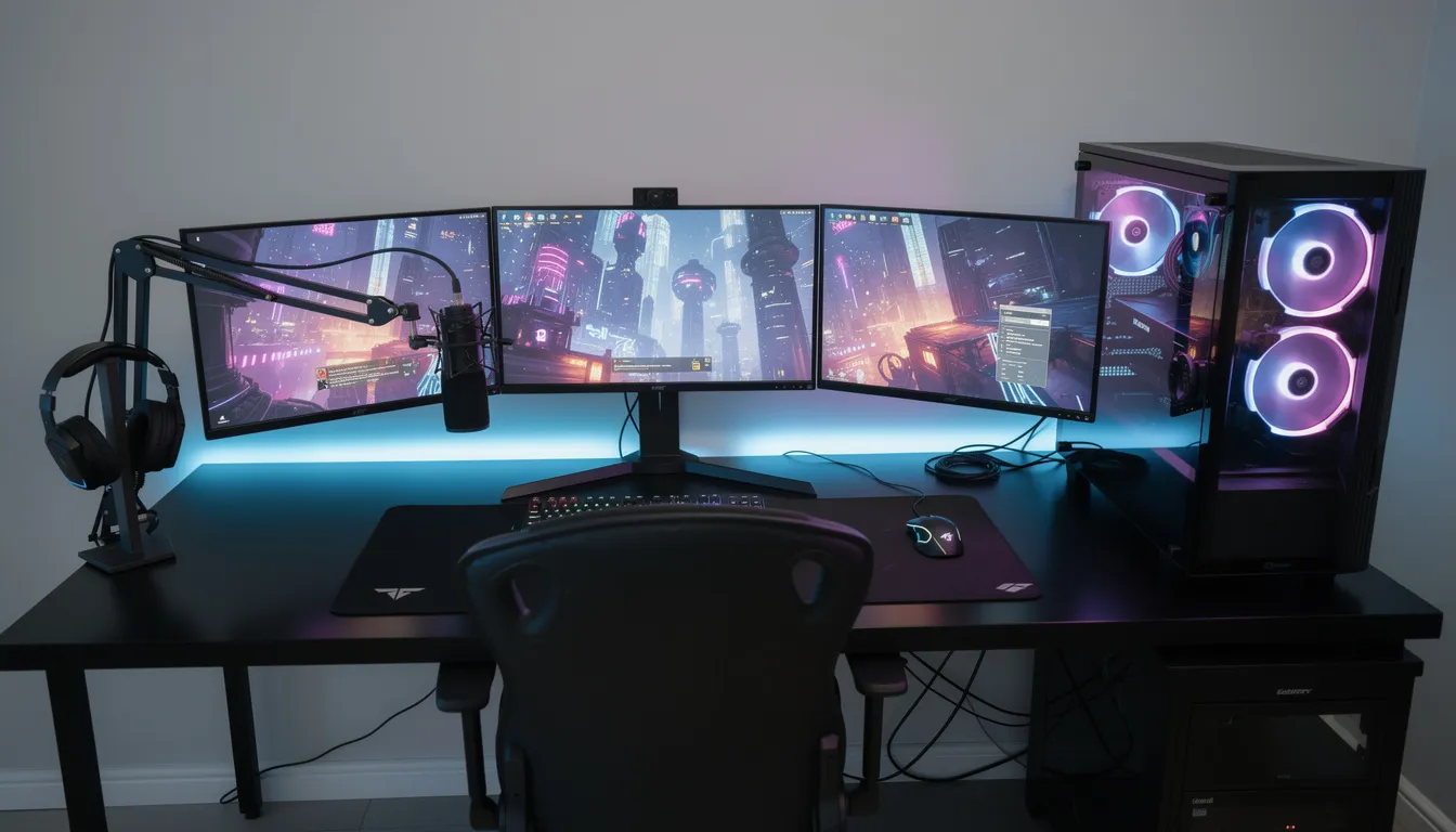 Bild av en professionell esport-gamingsetup med flera skärmar och avancerade gamingtillbehör, vilket skapar en imponerande och fokuserad spelmiljö. Setupen inkluderar även ergonomiska möbler och belysning som bidrar till en optimal spelupplevelse.