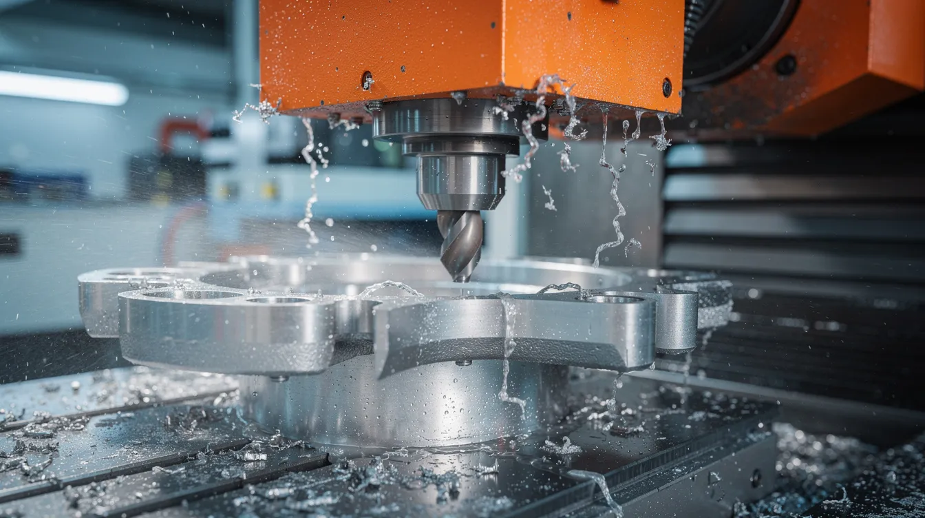 A CNC machine is precisely cutting a steel component, with a visible coolant spray to manage heat during the process. The image highlights the importance of achieving tight tolerances and precise dimensions in steel production, showcasing the intricate details of the cold rolled or hot rolled steel being shaped.