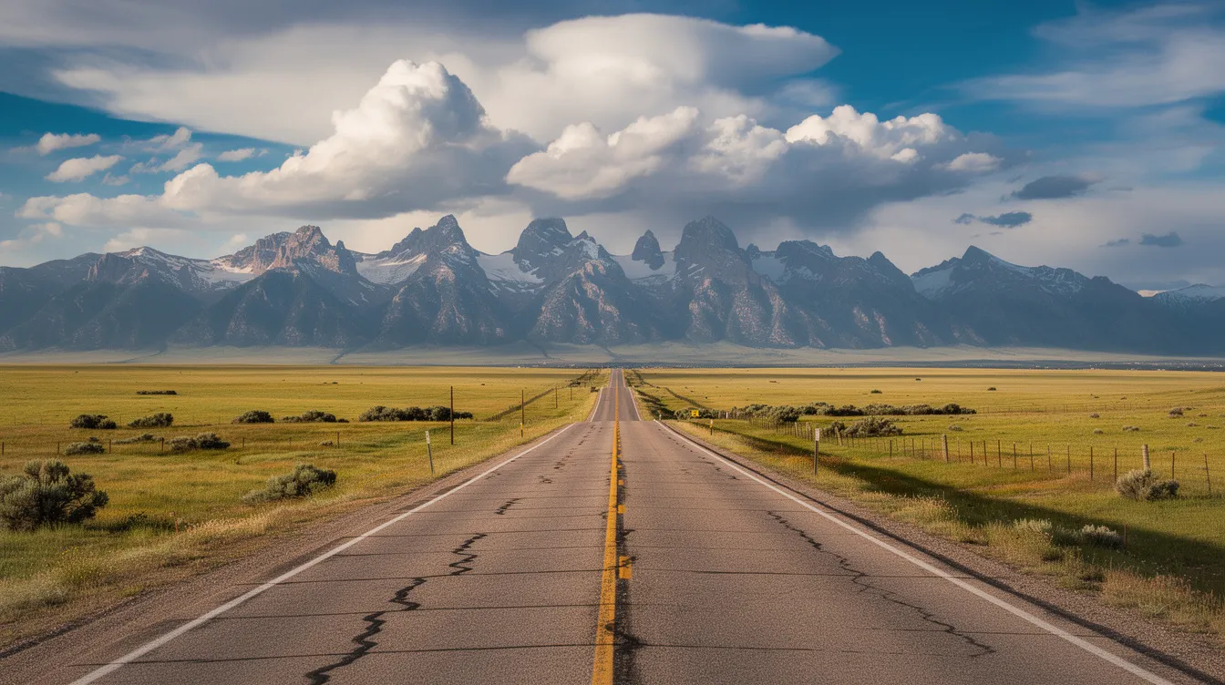 A scenic view captures a Colorado highway winding through open plains, leading toward distant mountains under a clear blue sky. This picturesque landscape is a reminder of the importance of safe driving, as car accidents can occur on such roads, making it vital to have experienced car accident lawyers in Colorado Springs for those affected.