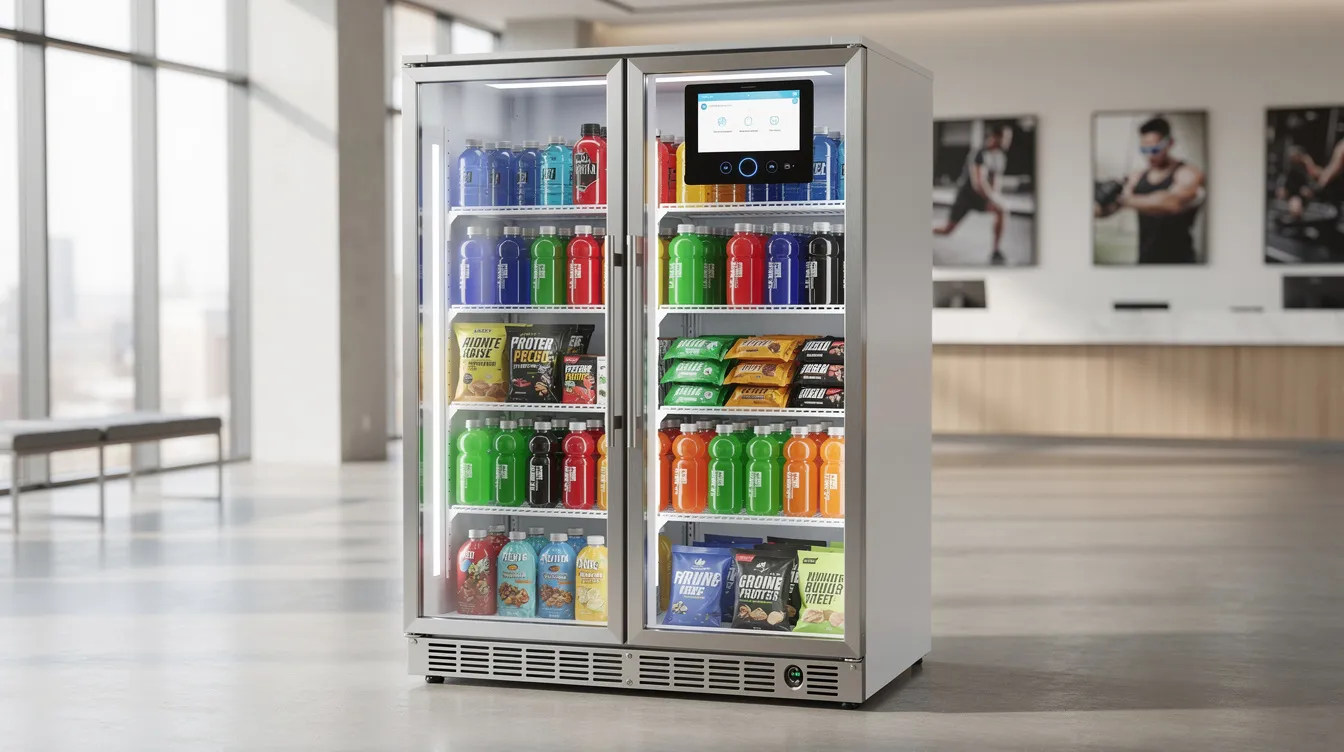 A modern glass-door refrigerated smart cooler stands in a bright gym lobby, showcasing a variety of colorful drinks and packaged snacks designed for high traffic locations. This innovative machine offers convenient access to cold beverages and fresh food, enhancing customer satisfaction with features like touchless payment and real-time inventory tracking.