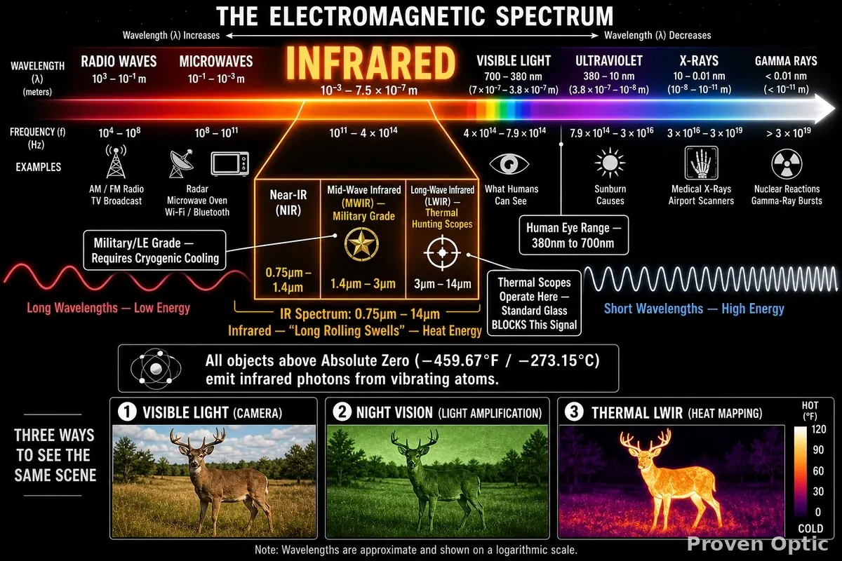 Infographic showing the electromagnetic spectrum and where the infrared spectrum sits on it.