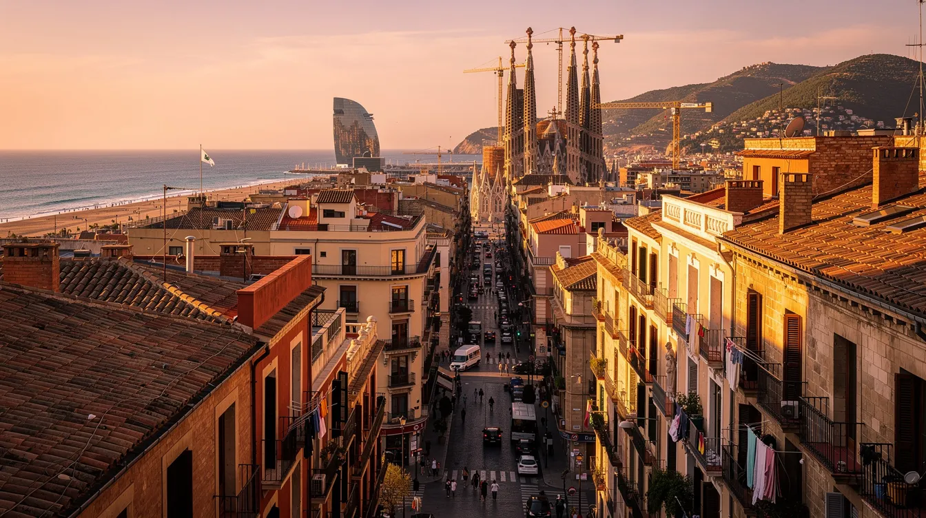 A imagem mostra uma vista panorâmica de Barcelona, Espanha, destacando a arquitetura única da cidade, com suas famosas construções modernistas. Ao fundo, pode-se ver a Sagrada Família e as vibrantes ruas repletas de pessoas, simbolizando o turismo e a cultura rica da cidade.