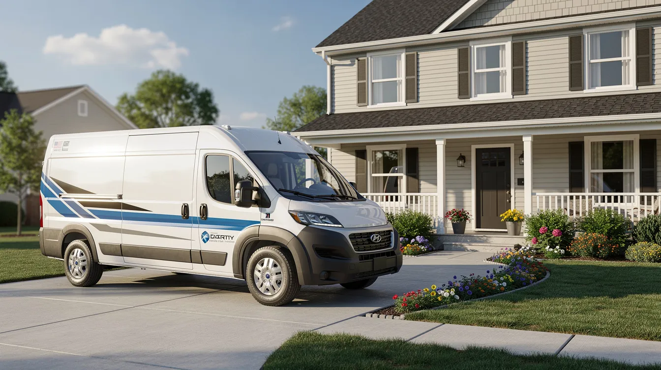 A professional service van is parked in a suburban driveway beside a well-maintained home, symbolizing the entrepreneurial spirit of business ownership. This image reflects the success of franchise owners who have embraced a proven business model to serve their local community.
