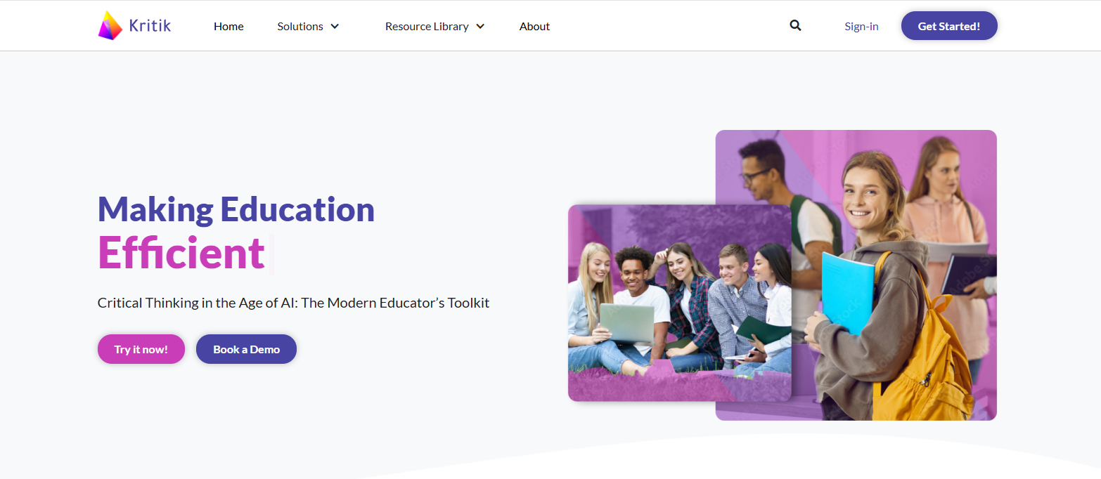 Kritik homepage showcasing a peer learning platform that enables peer assessment, collaborative feedback, critical thinking, and active student engagement.