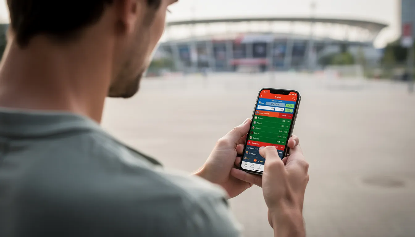 En person står utomhus och använder sin smartphone för att placera ett sportspel. I bakgrunden syns en grön gräsmatta och några träd, vilket skapar en avslappnad atmosfär för live betting hos Speedybet.