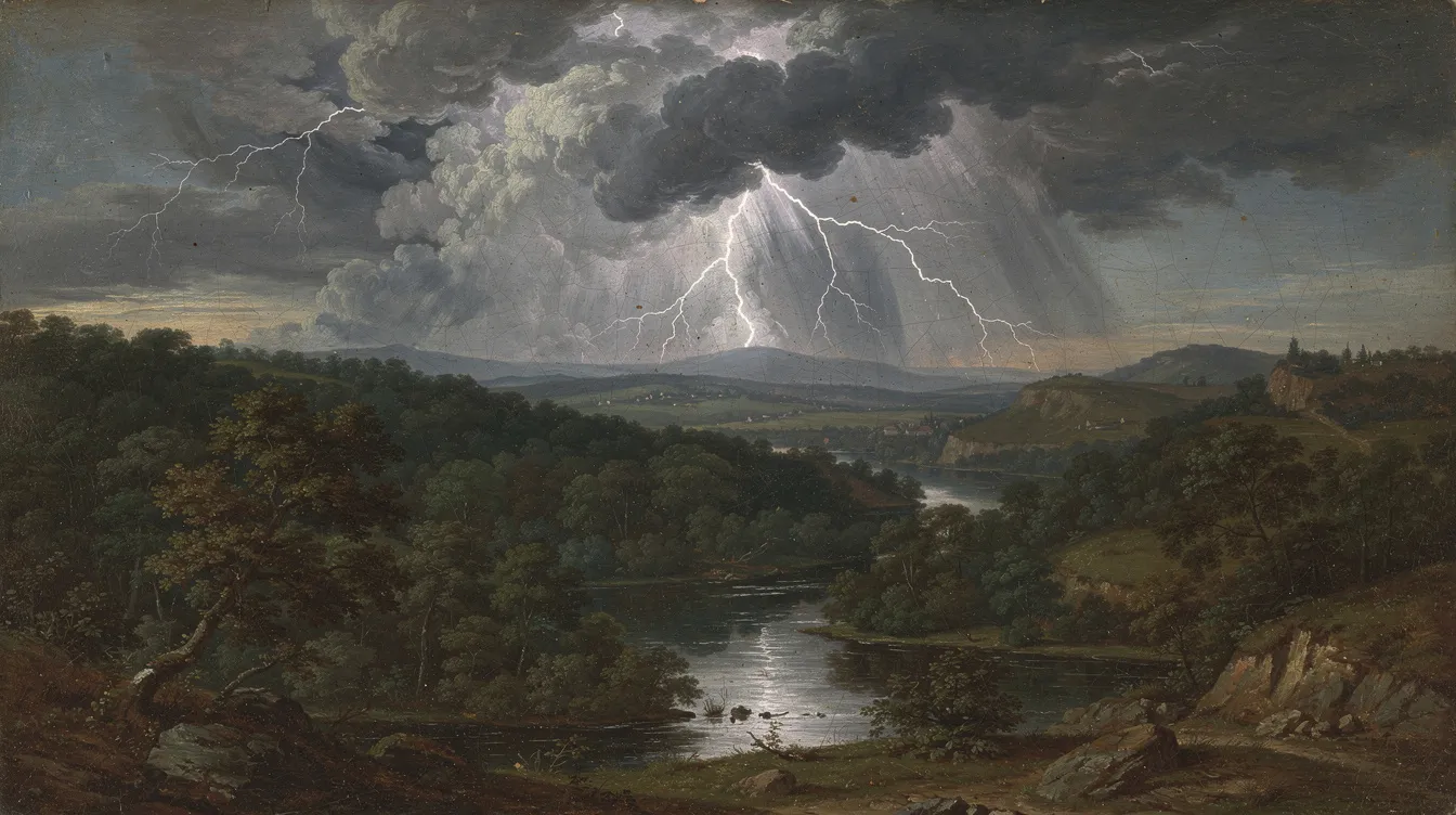 Das Bild zeigt eine dramatische Gewitterlandschaft über einem bewaldeten Tal, mit dunklen Wolken und zuckenden Blitzen, die an die leidenschaftlichen Emotionen der Sturm und Drang Bewegung erinnern. Die Szenerie vermittelt ein Gefühl von Auflehnung und Kraft, das typisch für die literarische Epoche des 18. Jahrhunderts ist.