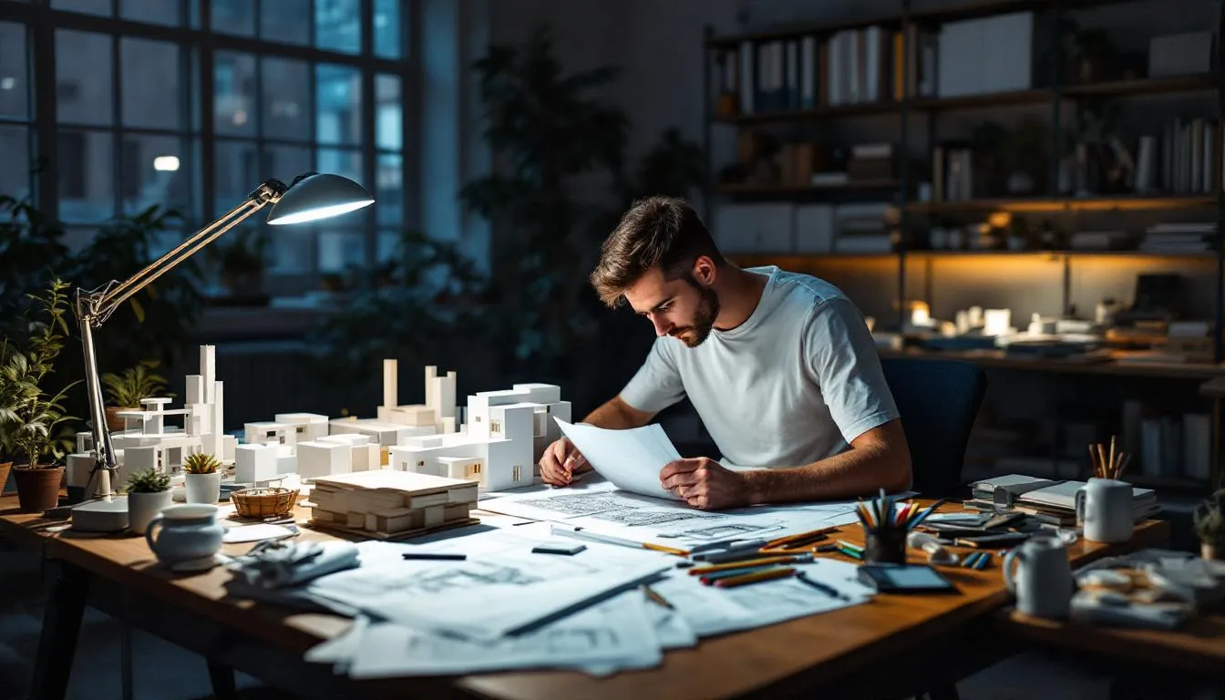 An architecture student is working late in a design studio, surrounded by intricate models and detailed drawings, showcasing their dedication to developing innovative solutions for construction projects. The atmosphere reflects a blend of creativity and focus, essential for aspiring architects as they prepare for their future roles in the industry.