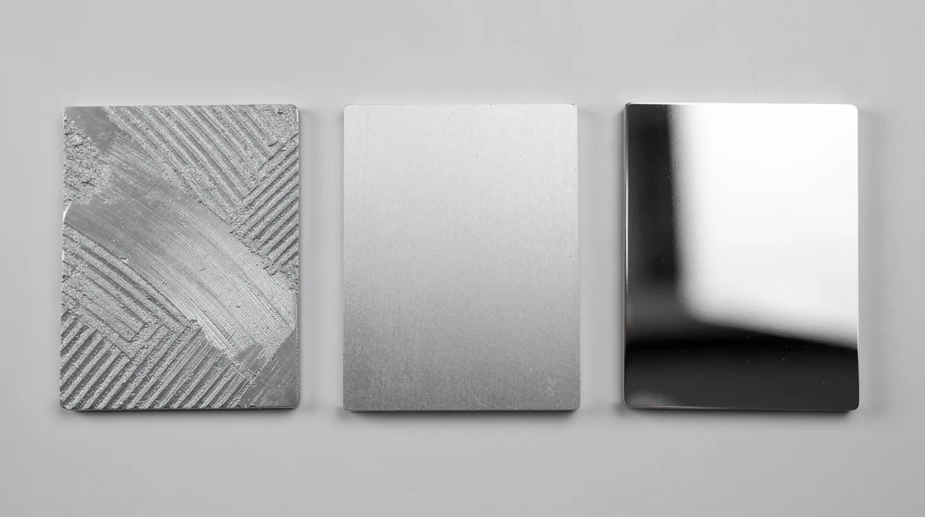 The image features three metal sample coupons arranged side by side, each exhibiting a different surface finish, ranging from a rough machined texture to a smooth, mirror-polished surface. This visual representation highlights the variations in surface roughness and finish, showcasing the impact of different manufacturing processes on the surface geometry and overall appearance of the materials.