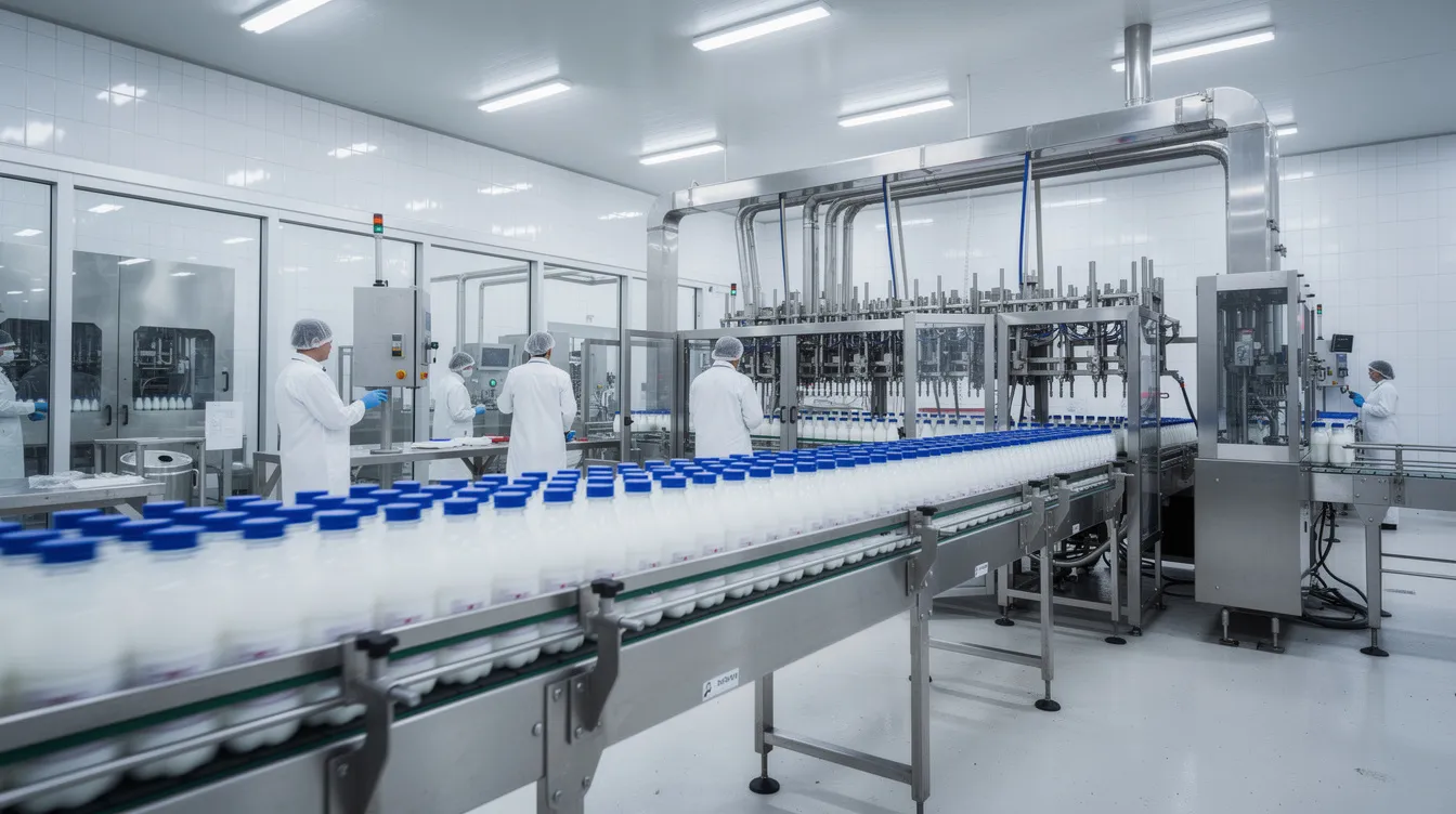 The image depicts a modern dairy beverage production line, showcasing bottles of flavored milk moving along a conveyor belt within a clean processing facility. This setting highlights the efficiency and advanced technology utilized in the dairy industry to meet the growing demand for high-quality dairy products and beverages.