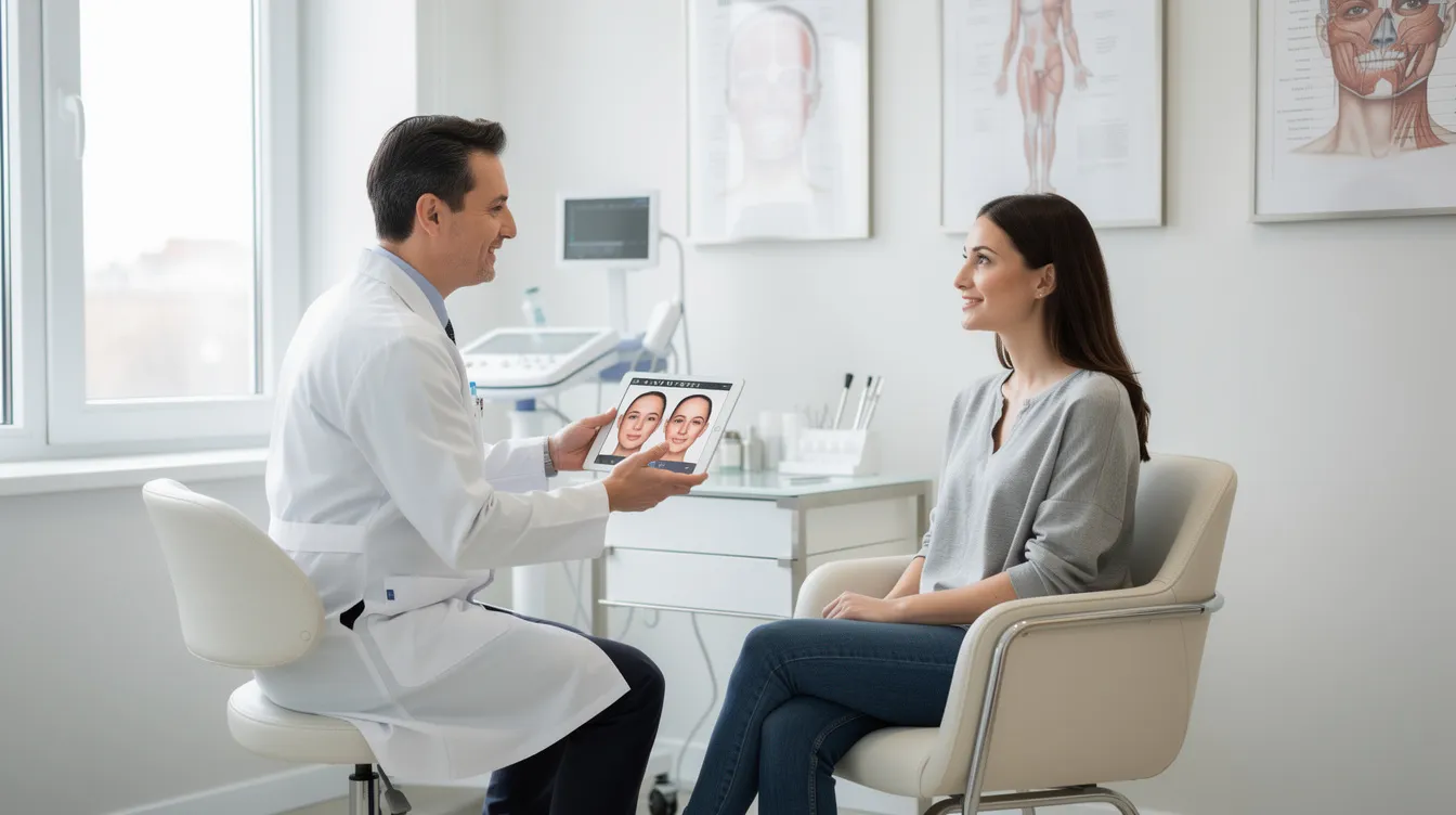 The image shows a smiling woman consulting with a doctor in a modern plastic surgery clinic, discussing her treatment plan and various financing options, including flexible payment plans and monthly installments to manage treatment costs. The clinic’s welcoming atmosphere emphasizes the importance of financial health and accessible cosmetic procedures.