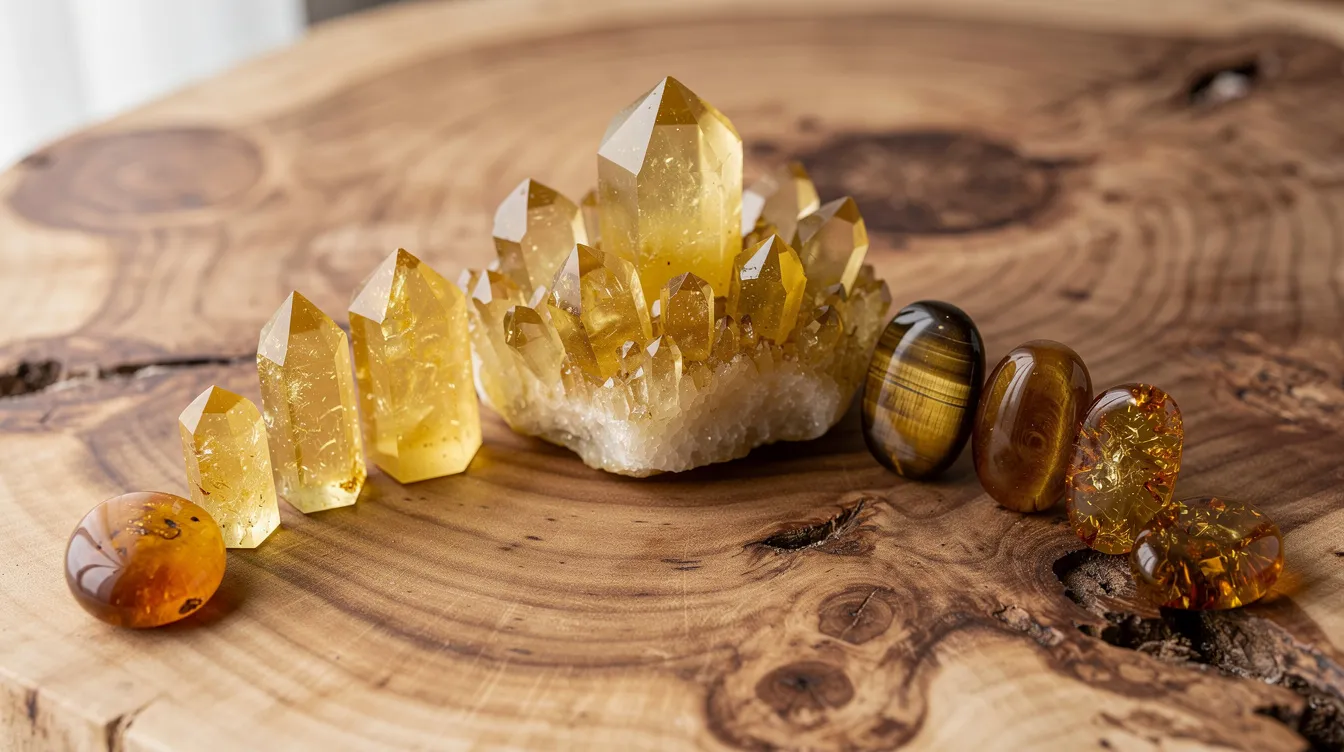 A collection of yellow and golden crystals, including citrine, tiger's eye, and amber, is artistically arranged on a natural wood surface, symbolizing the vibrant energy of the solar plexus chakra. These lustrous gems are known for their properties in promoting personal power, self-esteem, and emotional balance, making them ideal for chakra healing and meditation practices.