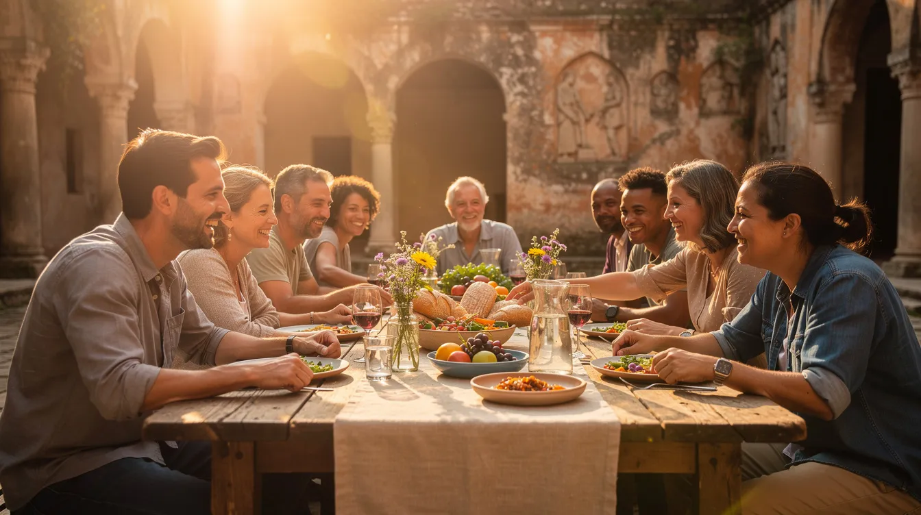 A diverse group of people, including many tax collectors and fellow Jews, share a meal at a long wooden table in a sunlit ancient courtyard, reflecting a moment of community and acceptance in Jesus' day. The gathering symbolizes God's mercy and the hope for forgiveness, contrasting the societal divisions of the Roman Empire.