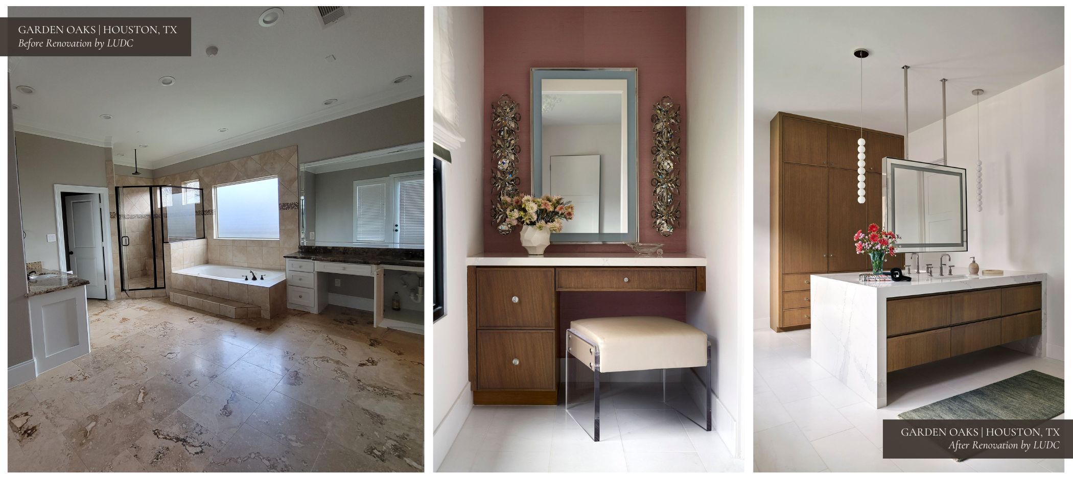 Left: A dated master bathroom featuring beige tile floors, a corner bathtub, and dark cabinetry with outdated fixtures.
Center: A newly designed vanity with wood cabinetry, a mirrored accent wall, and floral arrangements, creating a serene and elegant atmosphere.
Right: A modern double vanity with warm wood tones, white countertops, and pendant lighting, showcasing a contemporary design.