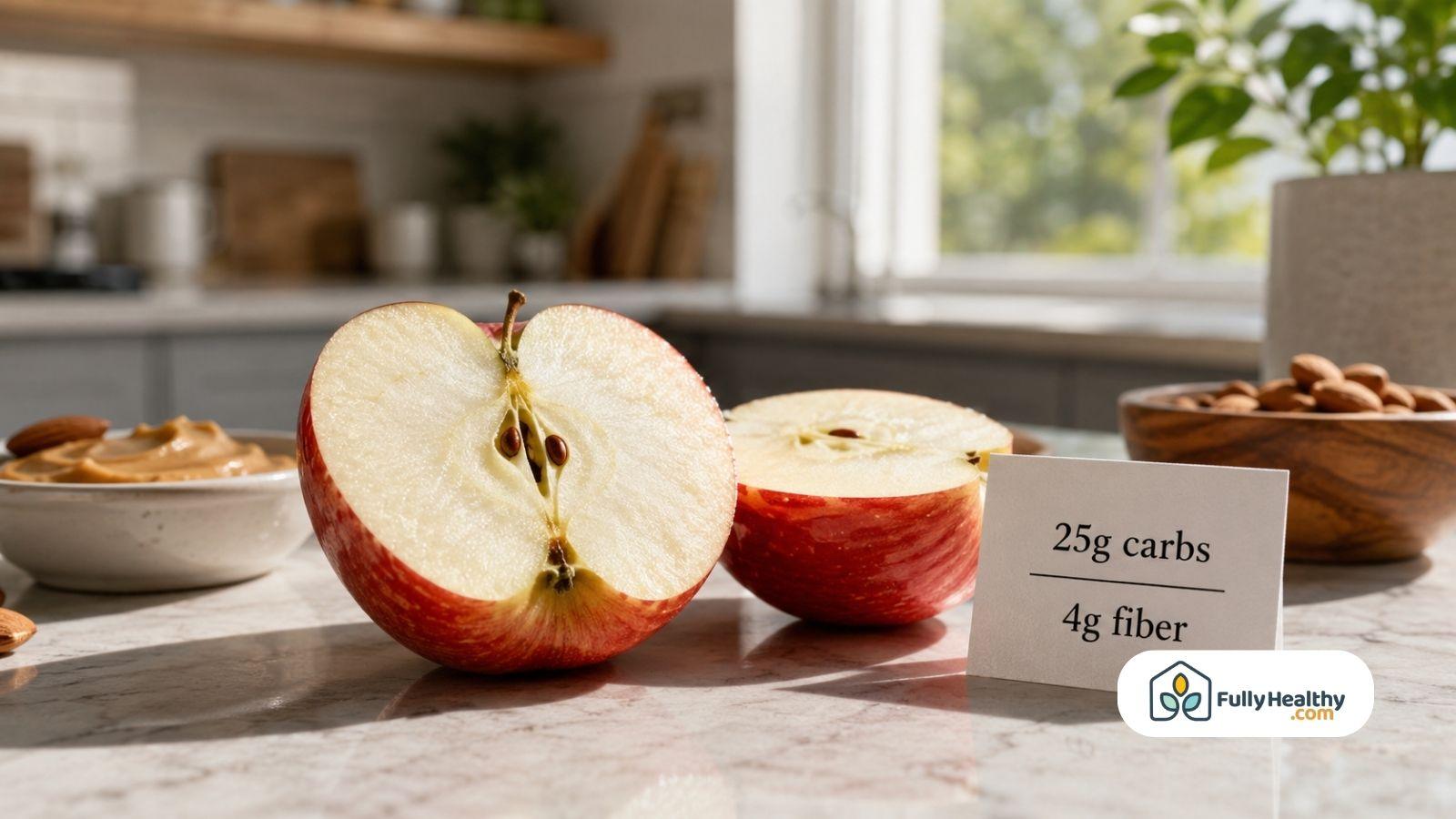 Sliced red apple with peanut butter and carb information card on counter
