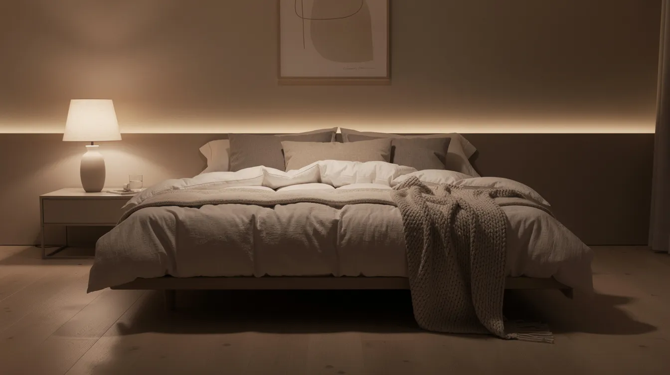 The image depicts a minimalist bedroom bathed in dim lighting, featuring a cozy bed with soft bedding that invites relaxation and promotes quality sleep. This serene environment is ideal for inducing sleep, helping to regulate the sleep-wake cycle and ensuring a good night&rsquo;s sleep.