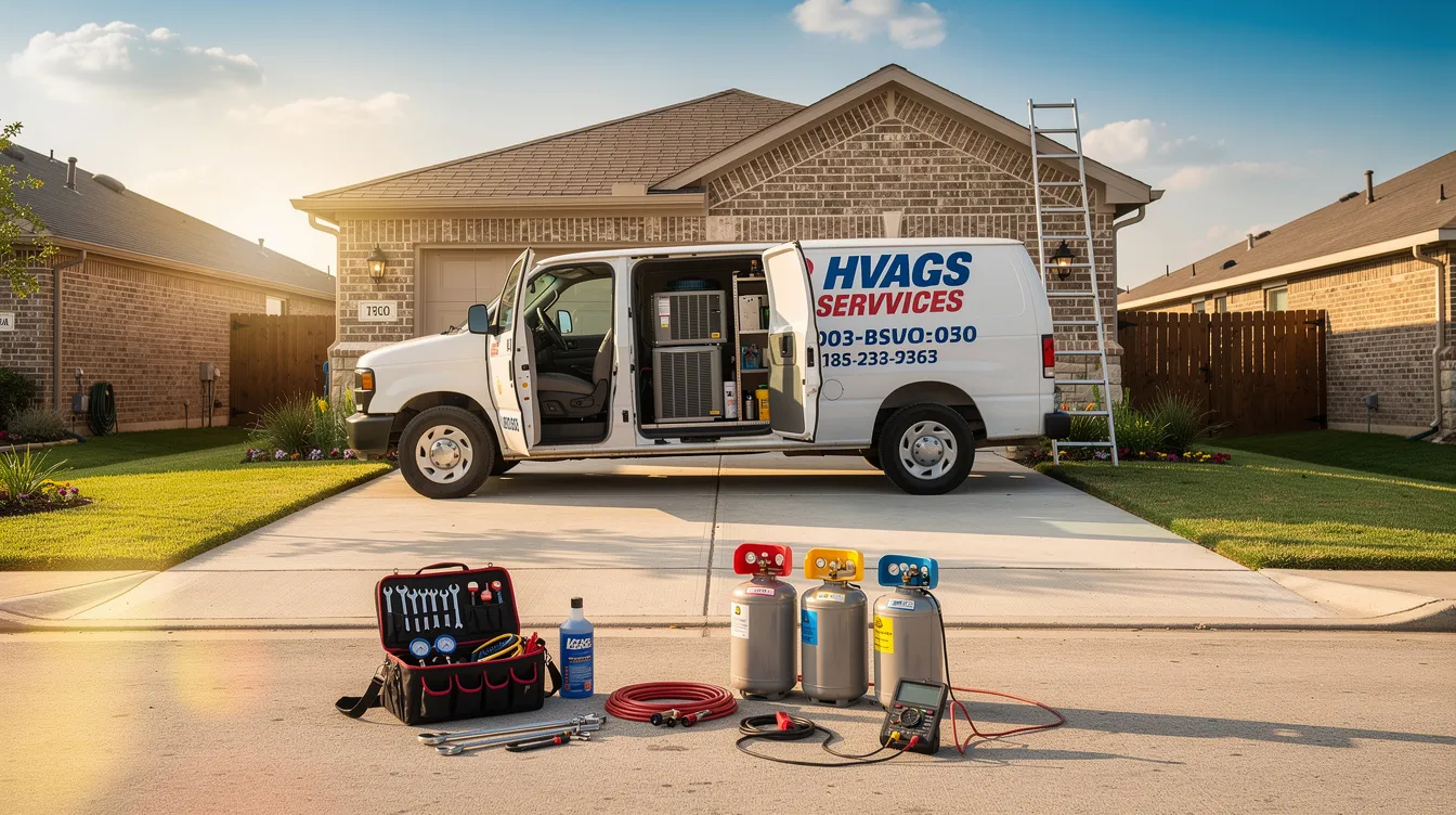 An HVAC service van is parked outside a home in Houston, with tools scattered nearby, indicating a technician is likely preparing to perform maintenance or repairs on the air conditioning system. The scene suggests a focus on ensuring the efficiency of the entire HVAC system, possibly addressing issues like evaporator coil leaks or dirty evaporator coils.