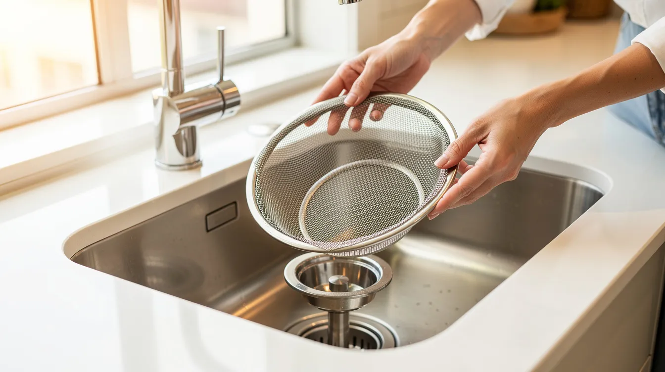 A homeowner is placing a mesh strainer in the kitchen sink drain to prevent clogs and maintain the plumbing system. This simple task is part of routine maintenance to ensure efficient drainage and avoid potential drainage issues.