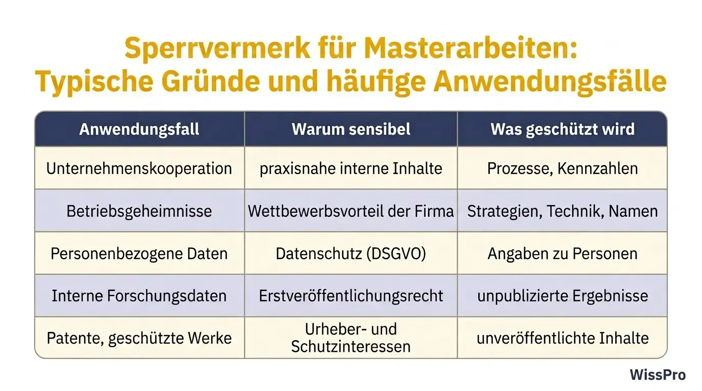 Tabelle mit typischen Gründen für einen Sperrvermerk in der Masterarbeit: Unternehmenskooperation (schützt Prozesse und Kennzahlen), Betriebsgeheimnisse (schützt Strategien und Technik), Personenbezogene Daten (schützt DSGVO-relevante Angaben), Interne Forschungsdaten (schützt unpublizierte Ergebnisse), Patente und geschützte Werke (schützt unveröffentlichte Inhalte)