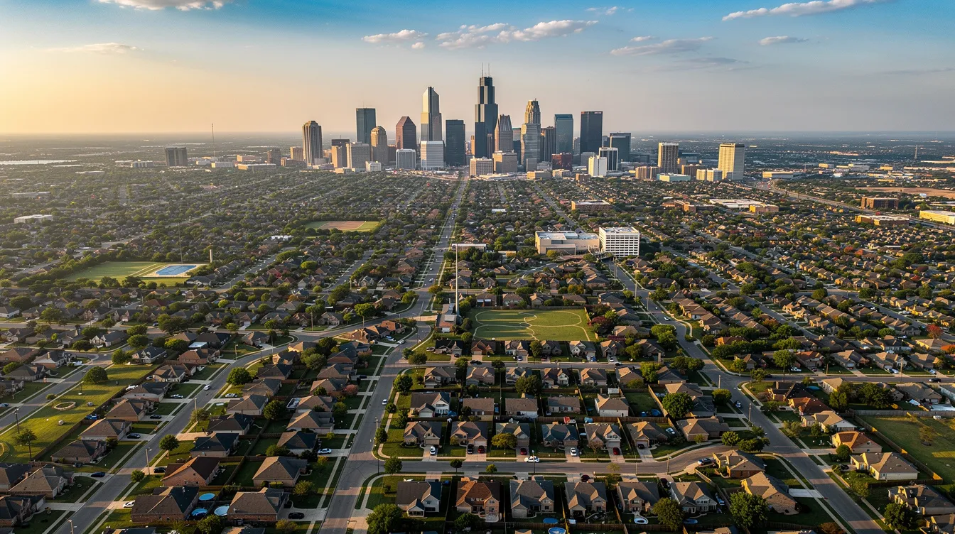 An aerial view of the Dallas Fort Worth skyline showcases a vibrant cityscape with tall buildings, while suburban neighborhoods extend out towards the horizon, highlighting the area's blend of urban and residential properties. This image reflects the investment potential for real estate investors seeking opportunities in the Dallas market, including options like hard money loans and bridge financing for purchasing or renovating properties.