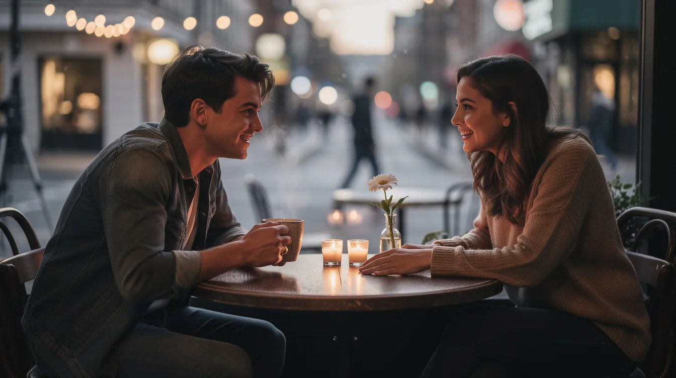 A couple sits across from each other at a cozy café during their first date, engaging in lively conversation that reflects their shared interests and personality traits. The atmosphere is warm and inviting, suggesting a potential for deeper connection and mutual respect as they explore relationship compatibility.