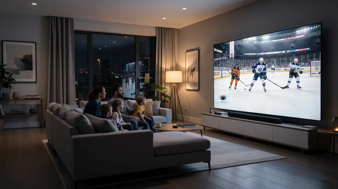 Une famille se réunit dans un salon moderne, regardant avec enthousiasme un grand écran de télévision qui diffuse un match de hockey en haute définition. L'ambiance est conviviale, remplie d'excitation, tandis qu'ils profitent de la qualité d'image offerte par leur service IPTV.