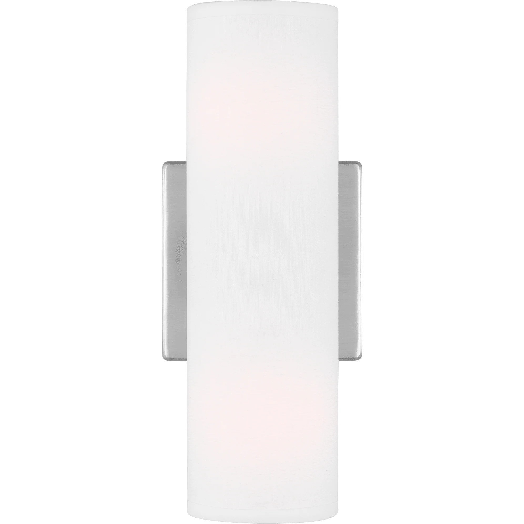 Contemporary wall sconce with brushed steel finish and white linen shade, ideal for providing soft light in damp-rated spaces.