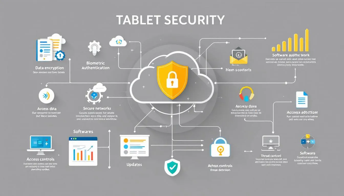 Sicherheitskonzept für Tablets im Unternehmen, das die IT-Sicherheit und Schutzmaßnahmen zeigt.