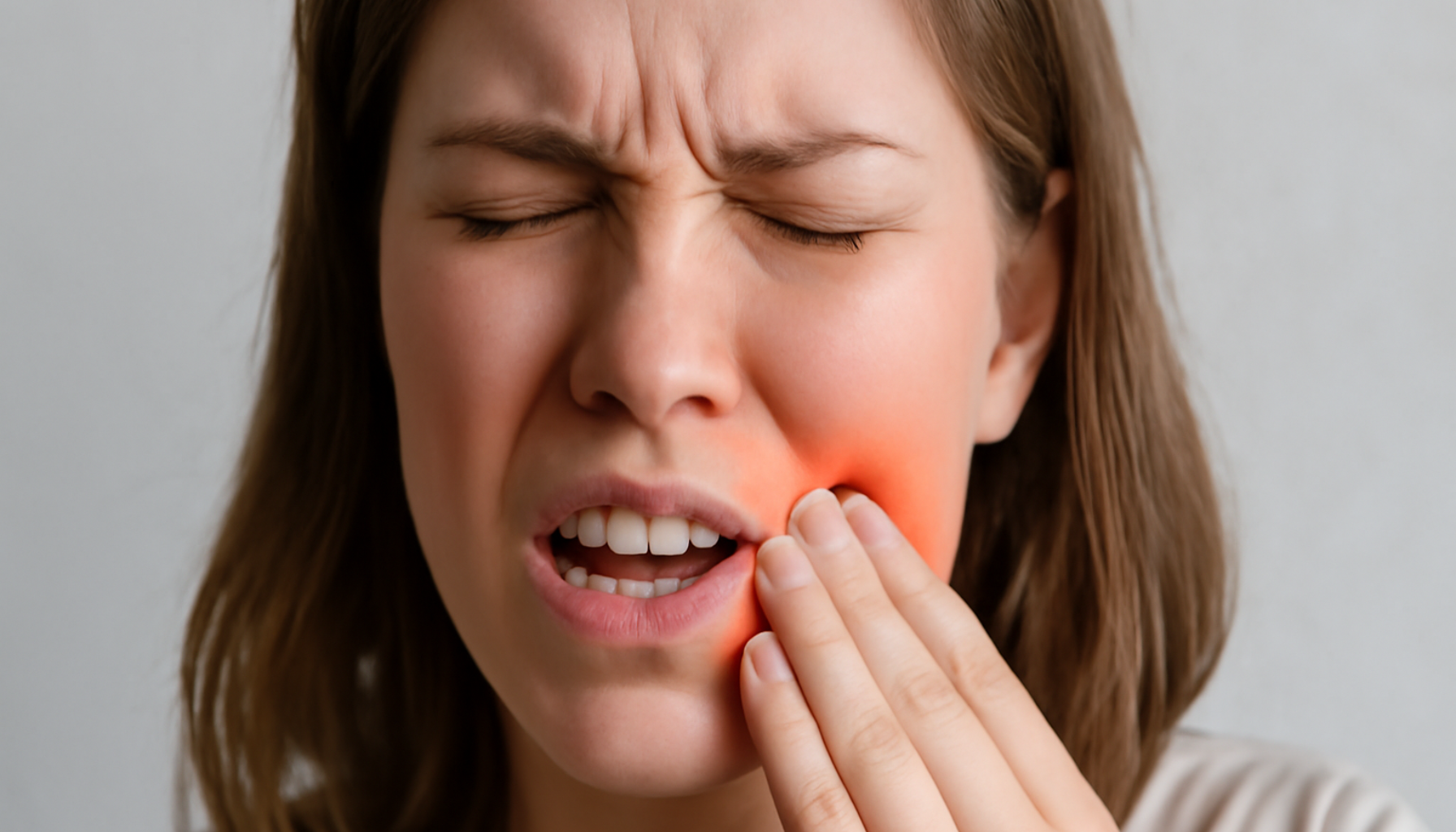 Kvinne med tannverk og rødhet rundt tann som tyder på betennelse.