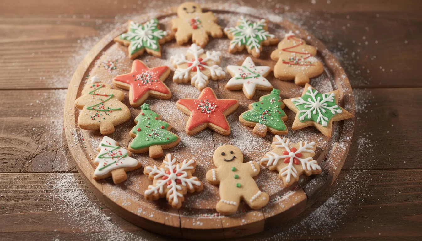 An assortment of beautifully decorated Christmas cookies, including sugar cookies and gingerbread cookies, is artfully arranged on a wooden platter, dusted with powdered sugar. The festive treats, adorned with royal icing and colorful sprinkles, evoke the joy of holiday baking traditions and are perfect for sharing with loved ones during the holiday season.