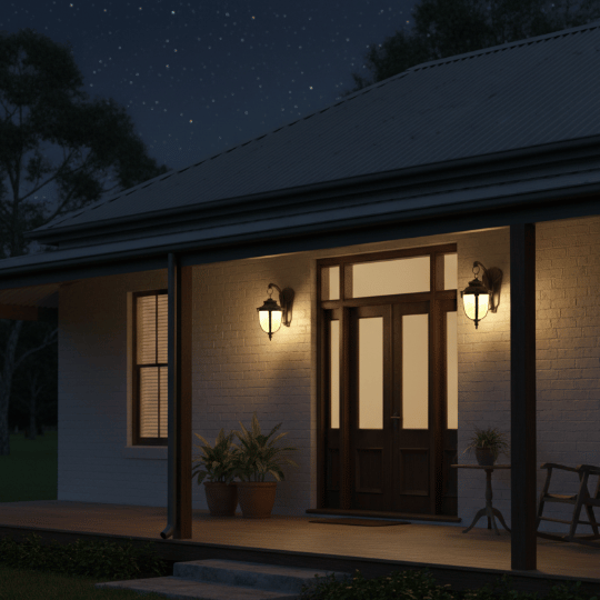 Classic cottage porch lighting featuring matching wall lantern sconces on a brick exterior.
