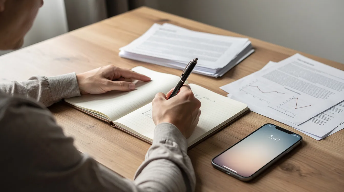 The image shows a person sitting at a desk, diligently writing notes in a notebook, with scattered papers and a phone nearby, suggesting they may be organizing information related to a workers compensation claim or preparing to discuss workplace injuries. This scene reflects the importance of documenting details for injured workers seeking fair compensation and understanding their rights under Colorado workers compensation laws.