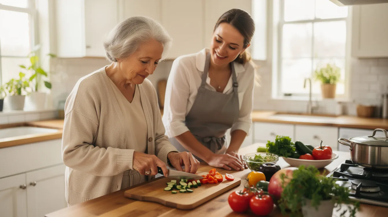A caregiver and an elderly person are joyfully preparing a meal together in a bright kitchen, showcasing the importance of companionship and support in daily living for older adults. This scene highlights the emotional support and assistance that caregivers provide, which is essential for maintaining the well-being of their loved ones.