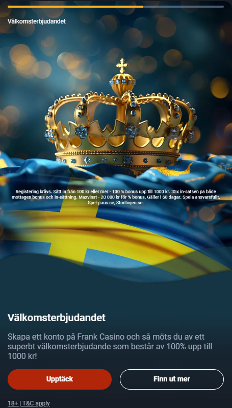Frank Casinos välkomstbonus med 100 % insättningsbonus upp till 1 000 kr.