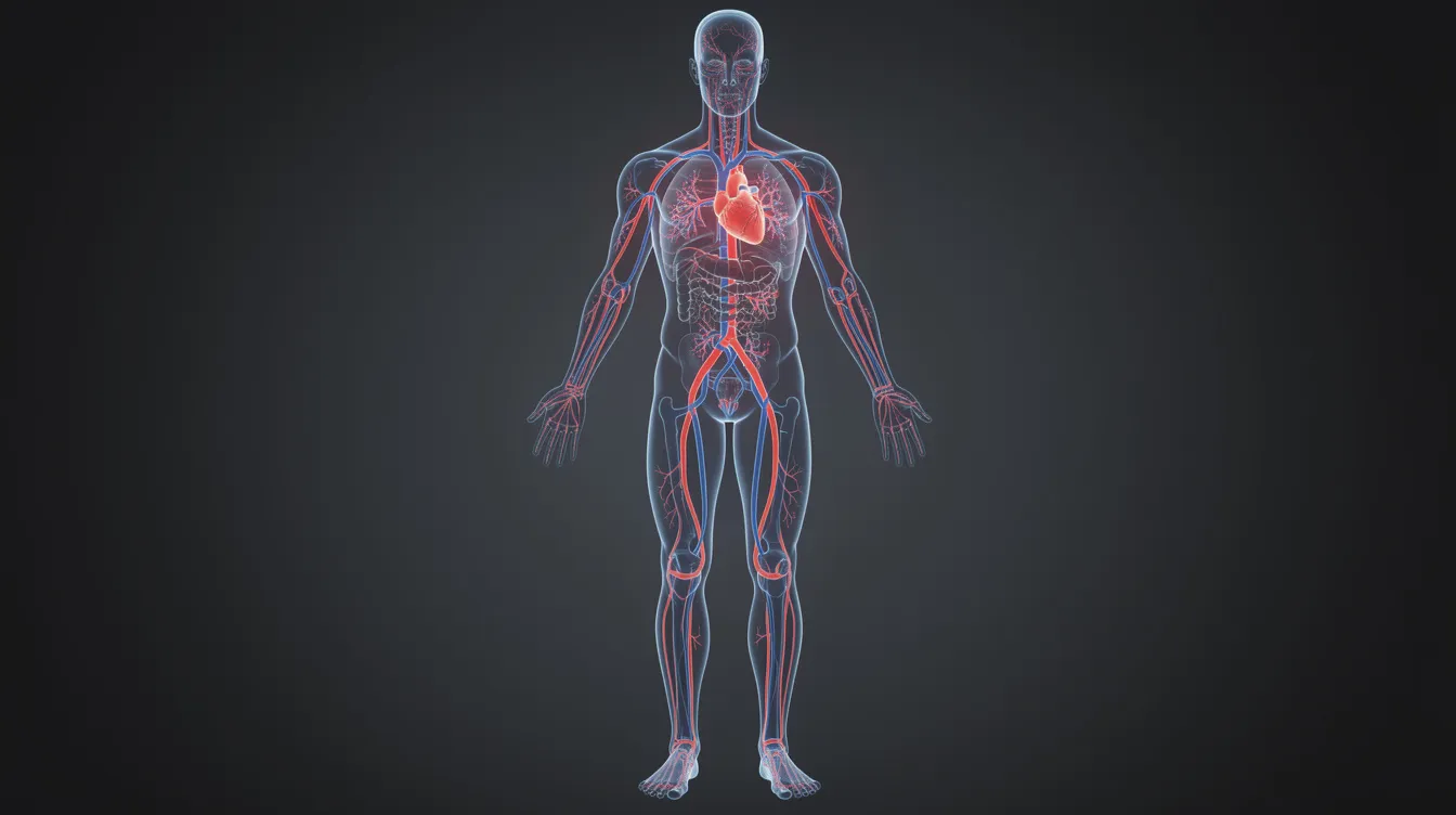 The image depicts a detailed visualization of blood vessels and the circulatory system, highlighting the intricate network that supports tissue repair and blood flow throughout the body. This representation emphasizes the importance of blood vessel growth and cellular repair in processes such as wound healing and injury recovery.