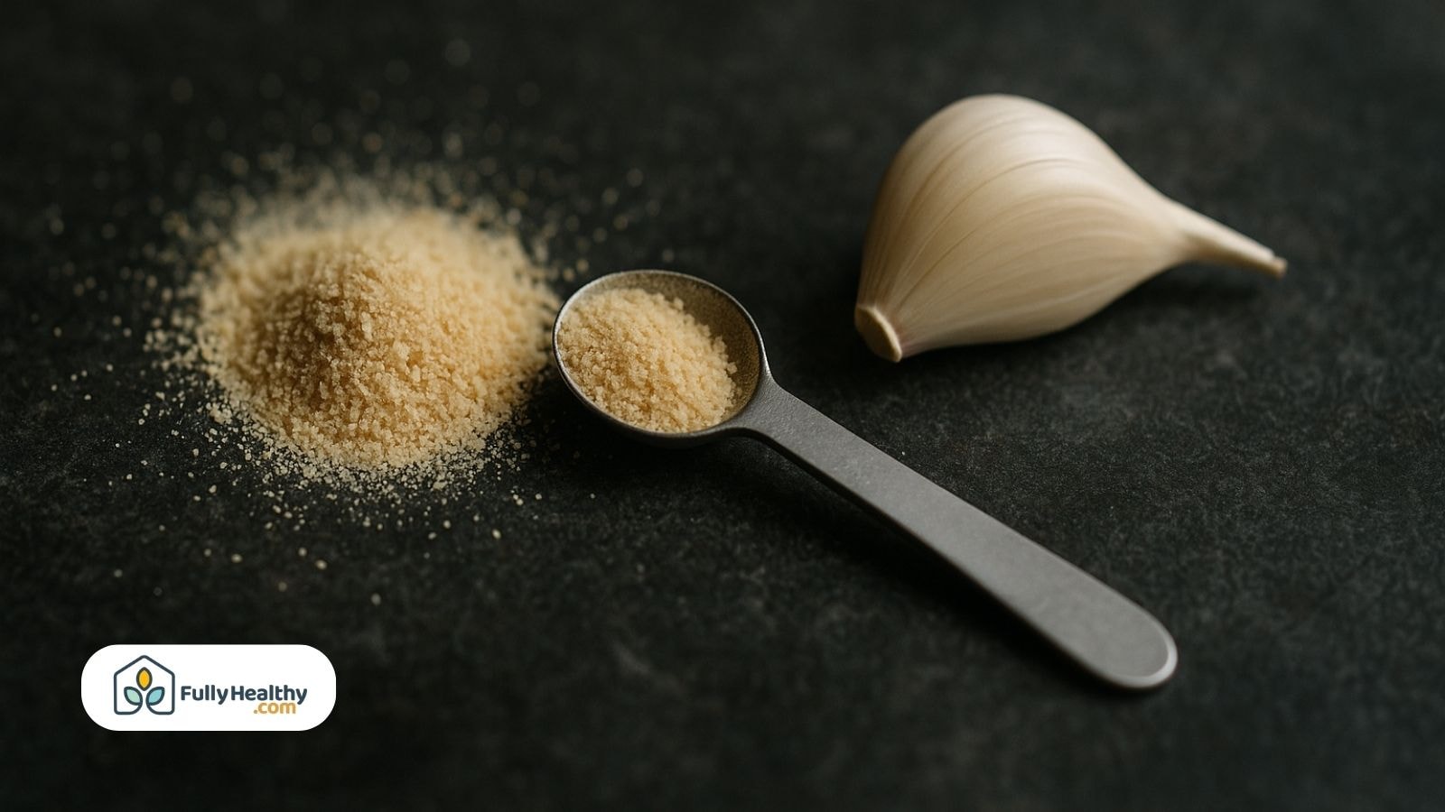 Close-up of garlic powder on a dark surface with spoon and garlic clove