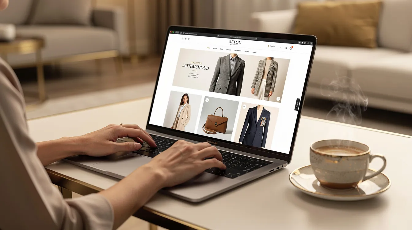 A person is sitting at a desk, browsing luxury fashion items on a laptop, with a steaming coffee cup placed nearby. The scene captures the essence of online shopping for authentic luxury brands, showcasing a passion for carefully curated, pre-loved fashion and designer collections.