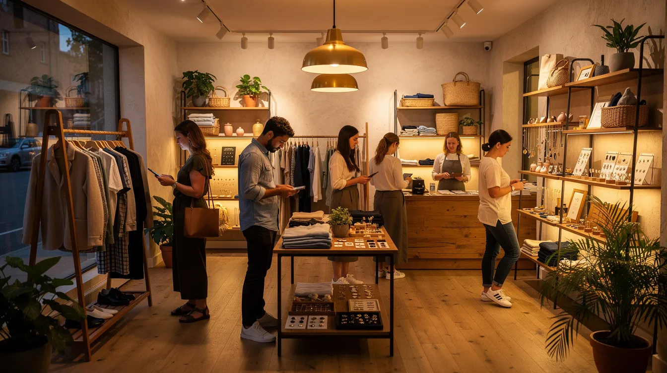 The image depicts a cozy local boutique filled with shoppers browsing through various items under warm lighting, creating an inviting atmosphere. This scene highlights the importance of customer engagement and brand loyalty, as loyal customers explore personalized offers and exclusive discounts available through loyalty programs.