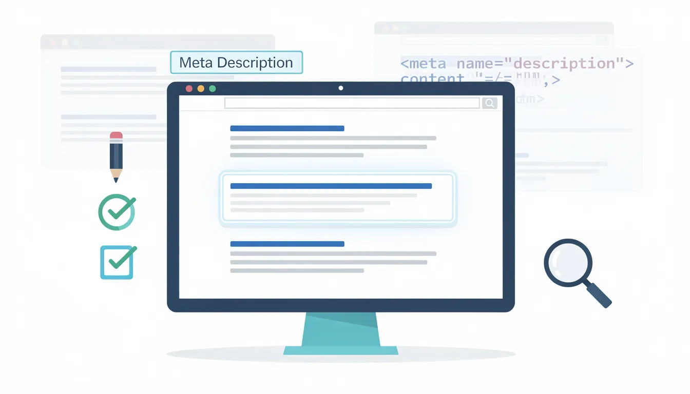 The image illustrates the concept of crafting an effective meta description and meta description tag, highlighting their importance in summarizing a web page's content for search engines. It emphasizes how a compelling meta description can enhance click-through rates and improve search rankings in Google search results.